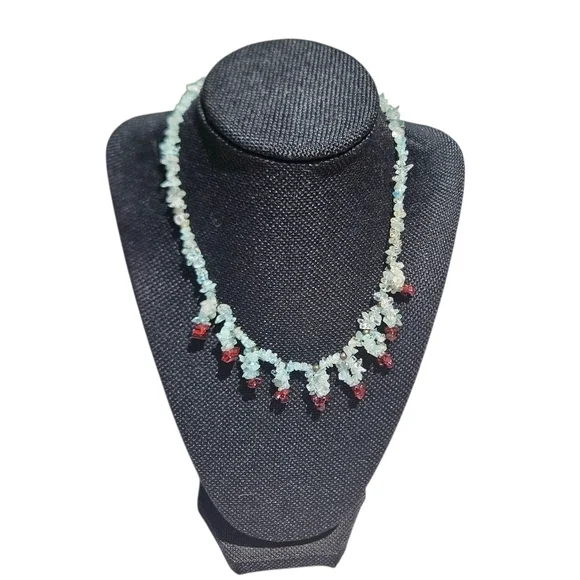 Artisan Aquamarine and Garnet Chip Necklace. - Picture 2 of 6